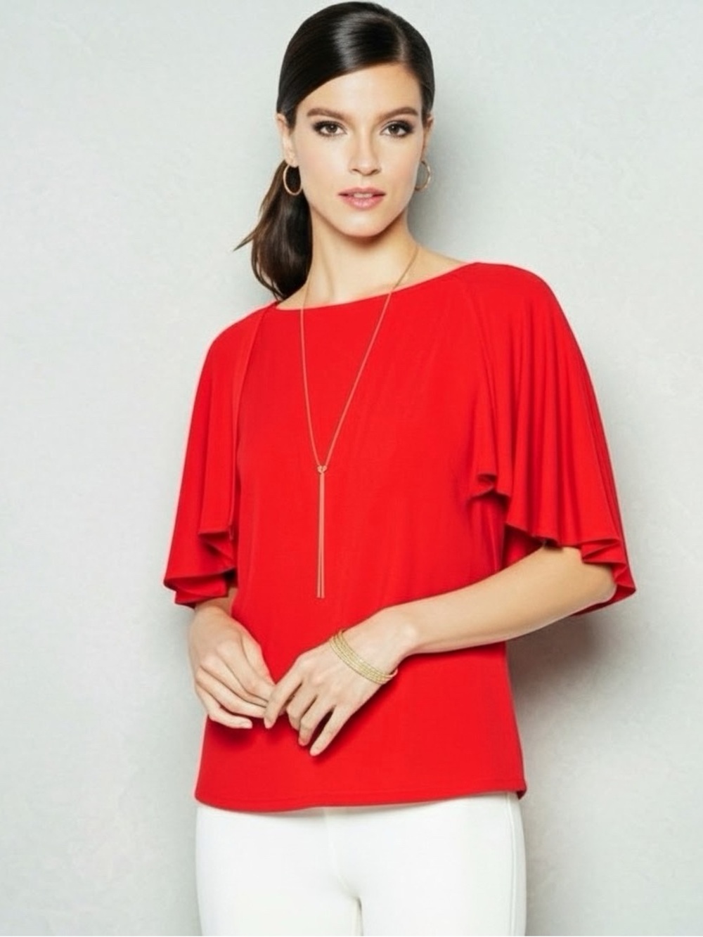 IMAN Red Global Chic Flutter-Sleeve Top Size XS